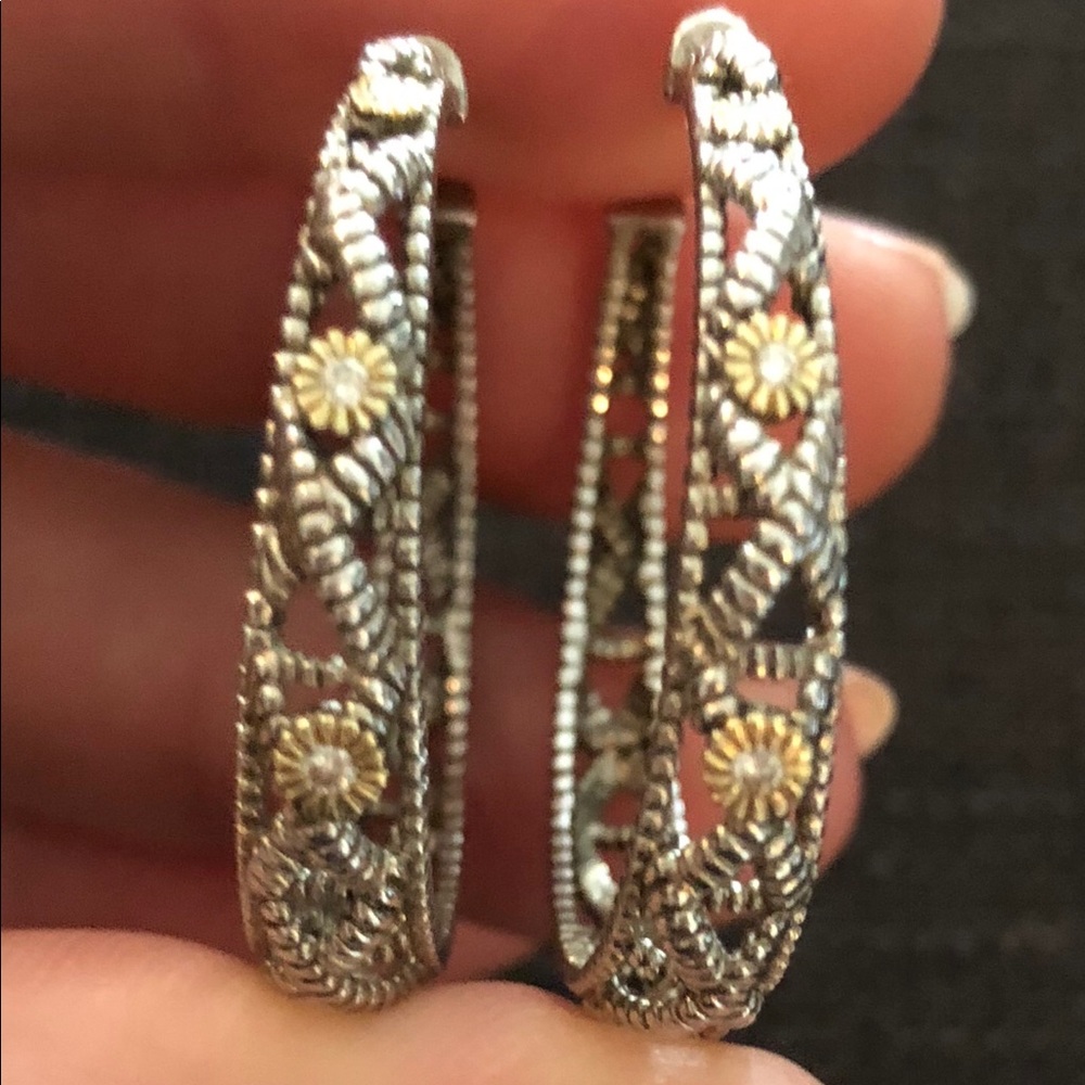 Judith Ripka Silver and Gold Hoop Earrings
